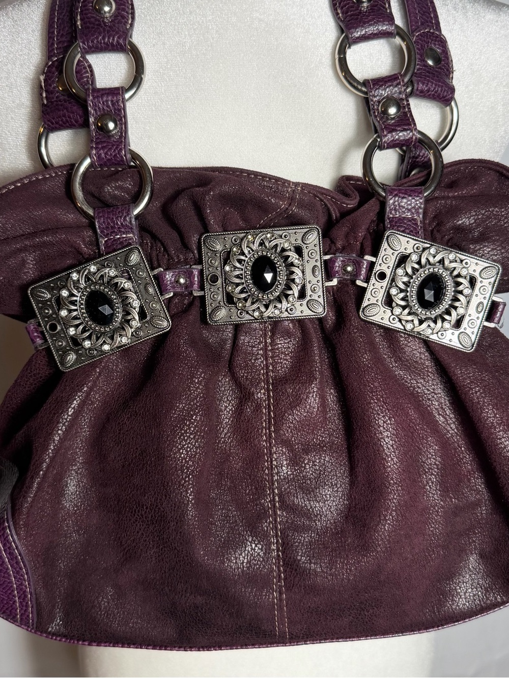 VTG Kathy Van Zeeland Purple Faux Leather Shoulder Bag Silver Buckles Y2K
